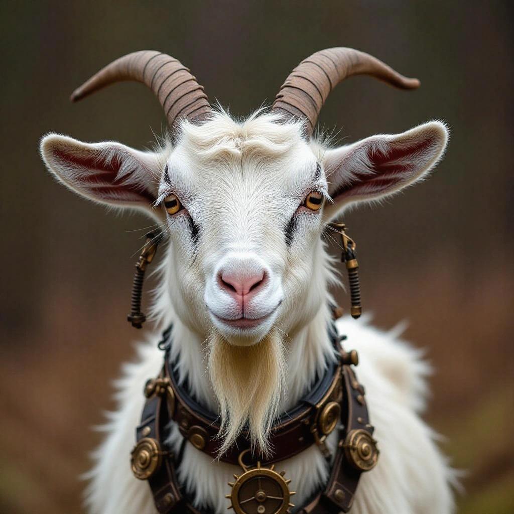 Photo of a goat with steampunk elements. Goat has intricate horns and a unique collar. Background is softly blurred to keep focus on the goat.