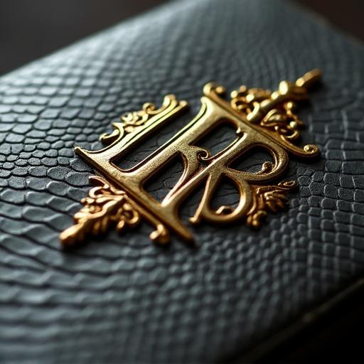 Close-up of a luxury album cover with intricate emblem. The emblem is baroque-style monogram 'LRB' resembling a vintage microphone. Dark gray snakeskin surface shows detailed scale patterns. Soft lighting highlights textures of gold and velvet. Photorealistic style with a tactile feel. Square aspect ratio.