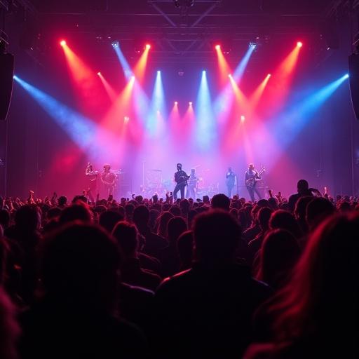 A large crowd enjoys a concert. Colorful lights illuminate the stage. Musicians perform for an engaged audience.