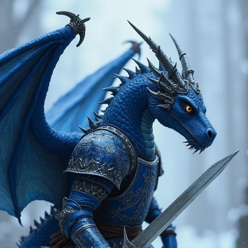 Dragonborn knight in blue armor. Knight does not wear a helmet. Knight has no wings. The knight is holding a sword. Background features a mystical atmosphere with a forest.