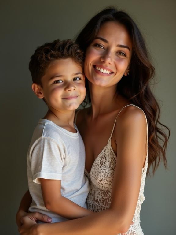 Family portrait featuring a mother and her son. Mother wears a dress with a neckline. Both have joyful expressions. Natural lighting enhances the warmth of the moment.