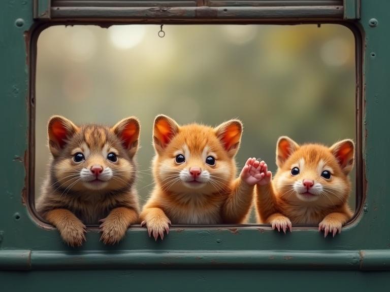 Three small animals enthusiastically waving from train windows. Characters look cute and playful. Soft background with natural colors.