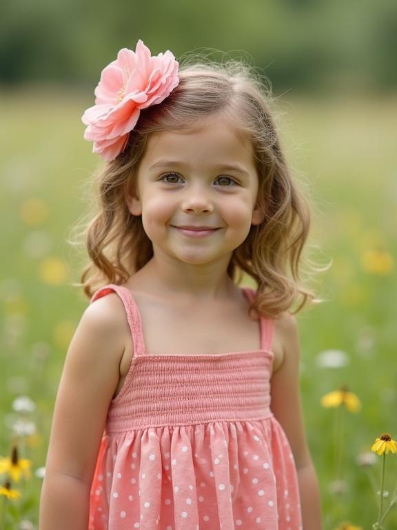 A daughter wearing a sundress surrounded by flowers. The background includes grass and blooming wildflowers.