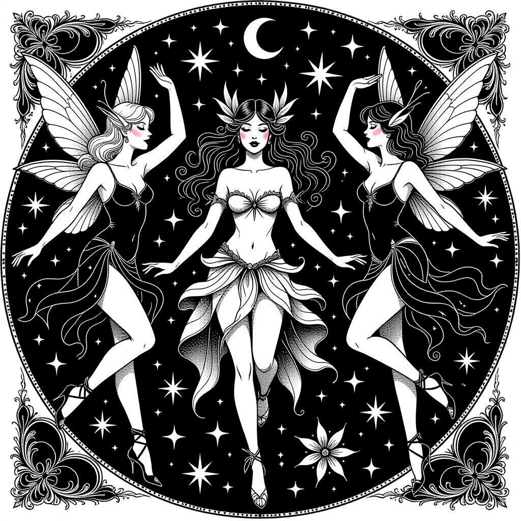 Flash tattoo sheet of various exotic fairies. Fairies are dancing together. Thick black and white single line minimalist style. Illustrated with inspiration from Russ Mills and Patrick Nagel art styles. Richly detailed designs capturing fantasy elements. Visual appeal through repetition and symmetry.