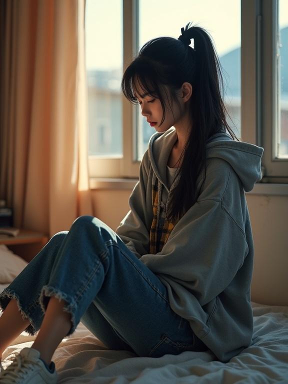 A 22-year-old Korean woman sits on a bed in a cramped rooftop room. She wears a faded gray hoodie over a flannel shirt, frayed jeans, and scuffed white sneakers. Her long black hair is tied in a loose ponytail. The atmosphere is peaceful, lit by soft morning light. An alarm clock and a textbook sit nearby.