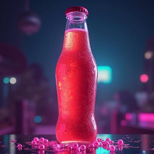 A soda bottle named retroglaming stands prominently in a retro-themed bar ambiance. The bottle glows with a rich red color filled with bubbles. Surrounding the bottle are glistening pink beads on the table. The background features soft bokeh lights to enhance the visual appeal.