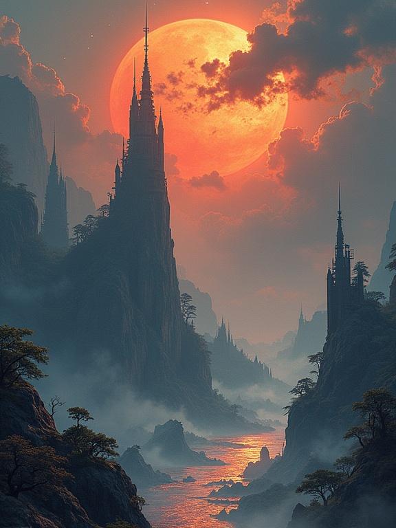 超写实画面将巨型城堡与橙色月亮结合，黑暗山谷中河流闪烁反射。