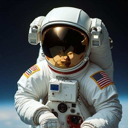 Photo of an astronaut in space using a Hasselblad analog camera. Space environment features. Focus on astronaut's face and gear. Clear depiction of space suit and faceplate.