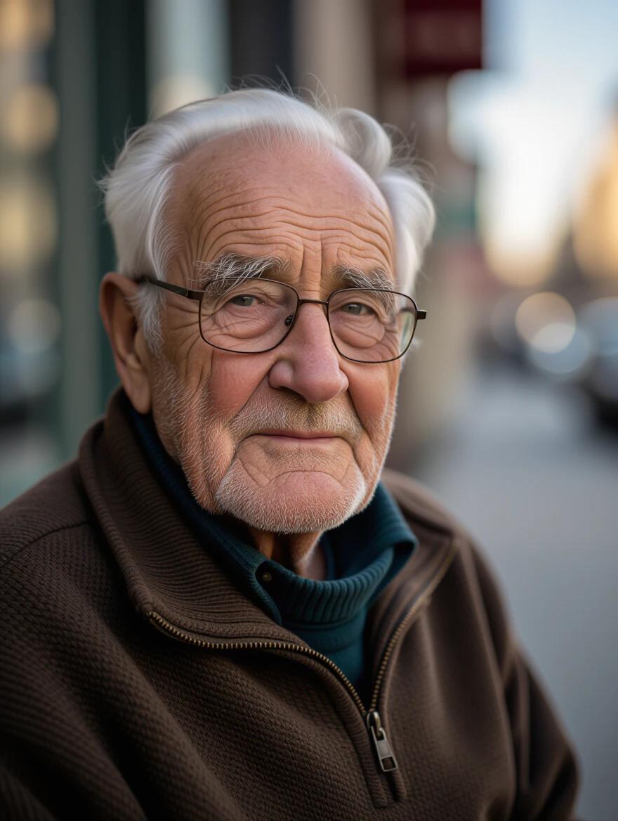 Candid portrait of an elderly man captured in an ultra photorealistic style using a DSLR and 85mm lens. Shallow depth of field enhances the focus on the subject. Film grain texture adds depth.