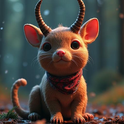 3D render of a cute animal with horns and a bandana in a forest setting. The character has large eyes and a friendly expression. It resembles a blend of a cat and a deer.