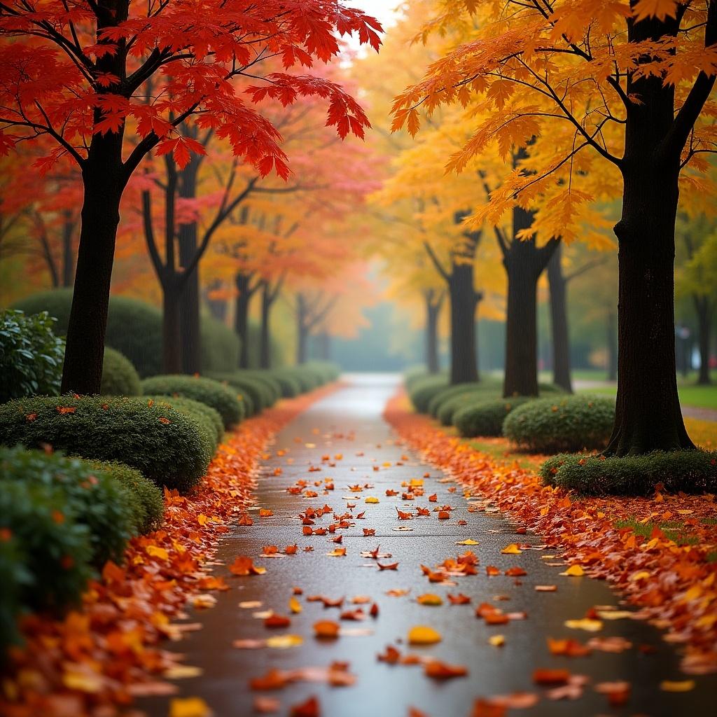 A picturesque autumn landscape featuring a wet pathway lined with vibrant orange and yellow trees. Leaves cover the path creating a colorful carpet. The scene is serene and inviting, perfect for a nature walk.