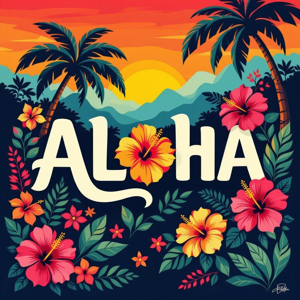 Digital illustration of 'ALOHA' in white cursive surrounded by tropical flowers and palm trees. Background is a bright sunset gradient with a large sun. Bold colors and playful style create a lively atmosphere.