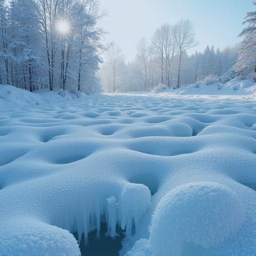 A frozen river surrounded by snowy trees. The sun is shining through the branches. The ice has smooth textures and unique patterns on the surface. A serene winter landscape is visible in the background.