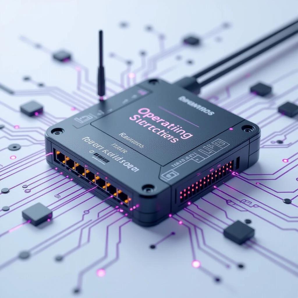 An image in 9:16 format. Grayscale with magenta accents. Theme of 'Operating Instruction' and 'Router Switches Logging'. Technical and futuristic style. No people in the image.