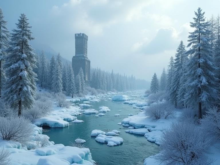 A prehistoric landscape with encroaching ice, including trees and an ancient structure covered in frost. The scene conveys time passing with the icy takeover, featuring cracks and cold mist. Cinematic and symbolic with high detail.