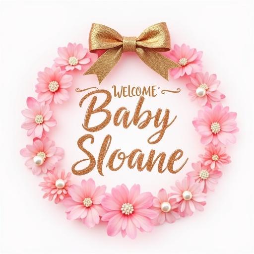 Logo design features pink floral elements white pearls and golden bow. Centered text reads Welcome Baby Sloane in bold glitter cursive typography.