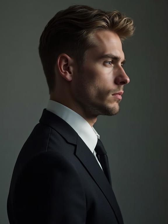 Photorealistic side profile shot of an extremely handsome young man dressed in a dark suit