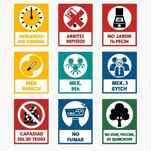 Design a set of rectangular signaletic designs for a multi-purpose room and interior garden. Include bold colors and clear icons. Each sign has specific background colors and text. Arrange in a grid or collage layout for print optimization.