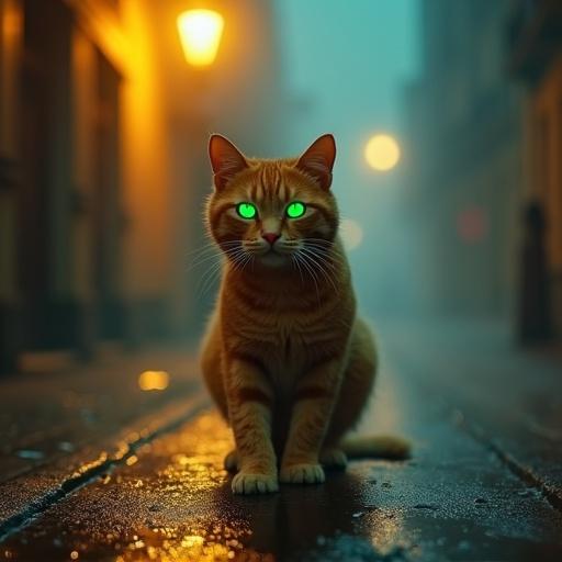 Cinematic scene features a wet street illuminated by flickering yellow lights. A jacked ginger cat materializes from thick fog. Its green eyes pierce the mist. The cat's fur gleams under the erratic lighting. The image captures dramatic contrast between orange and blue tones.