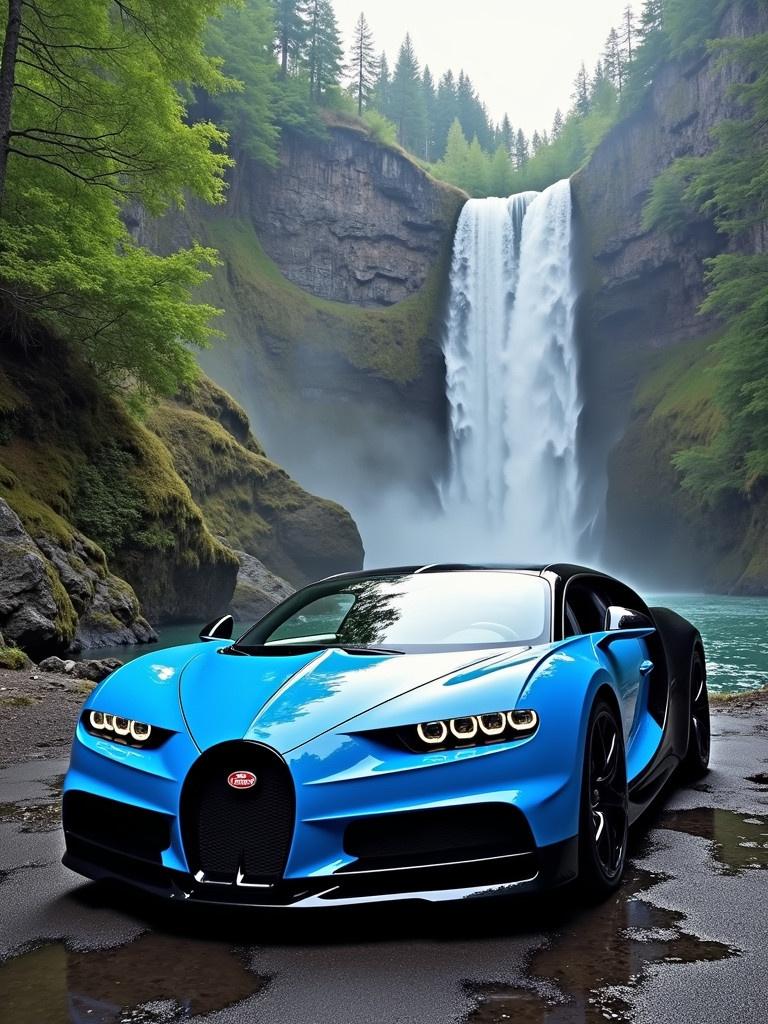 A Bugatti Chiron is parked by a stunning waterfall. Water cascades down rocks surrounded by lush greenery. The car is sleek and blue with black accents, positioned in a dramatic landscape.