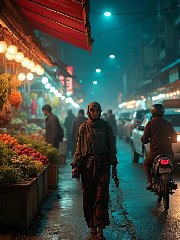 A night scene with a woman in a hijab walking through a busy market. Colorful vegetables and local vendors spread out. Neon lights and warm bulb lighting create an atmosphere. Young people engage with gadgets on the side. Motorcycles and trucks pass by in traffic. Details include cats and other market characters. Ultra realistic style.