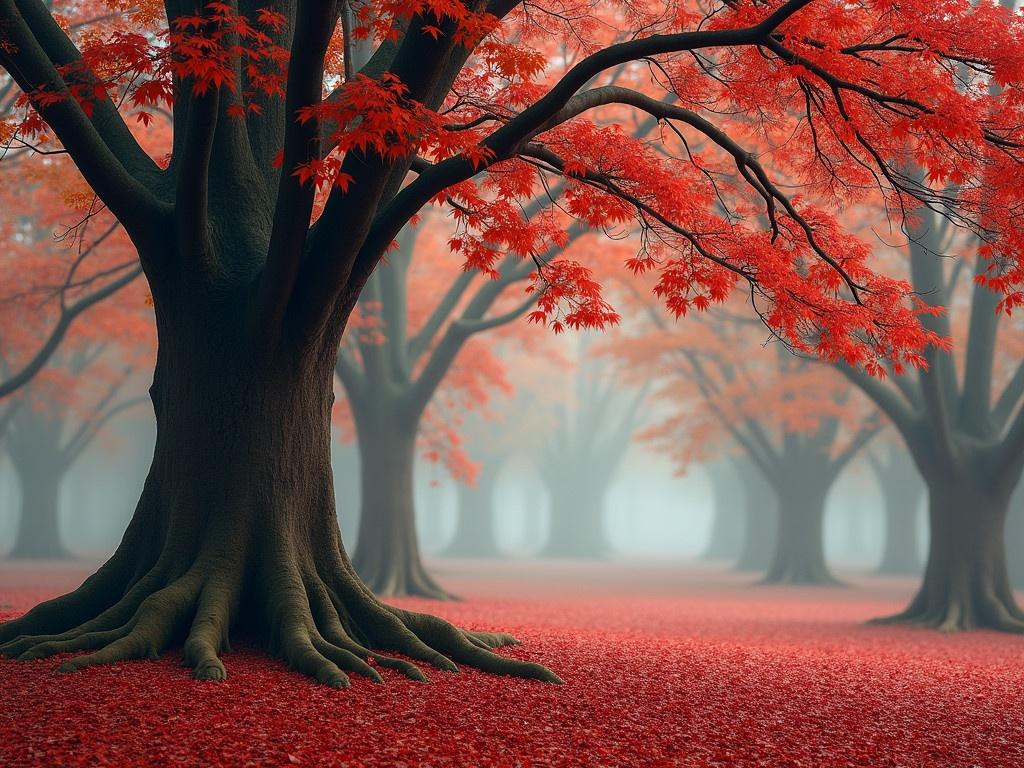 The image depicts a serene forest scene during autumn. A large, ancient tree stands prominently in the foreground, with a thick trunk and gnarled roots visible. Its branches reach out, adorned with vibrant red leaves that contrast beautifully with the earthy tones of the bark. Surrounding the base of the tree is a carpet of fallen red leaves, creating a rich texture on the forest floor. In the background, other trees fade into a misty blur, enhancing the feeling of depth and tranquility in the setting. The soft focus and color palette evoke a sense of peace and the beauty of nature in transition.