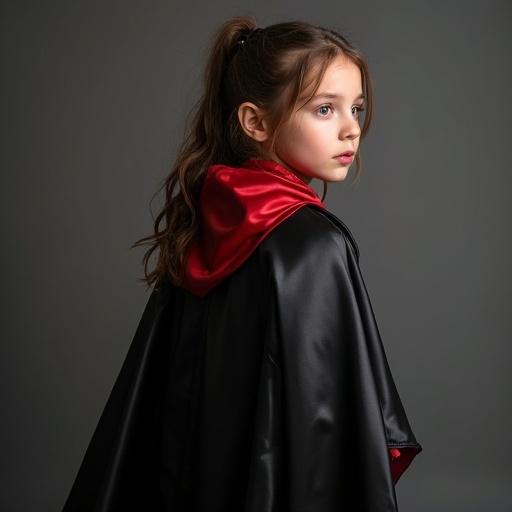 A young girl poses wearing a shiny black satin cape with a red lining. She has a playful expression and her hair flows softly.