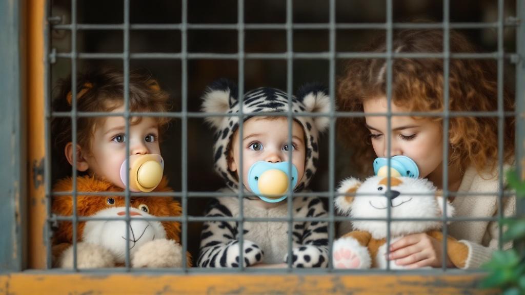 A playful family scene features a mother with two children. Each child has oversized pacifiers. They pretend to be zoo animals inside a small cage. Stuffed toys are represented as zoo visitors. The scene radiates fun and warmth.