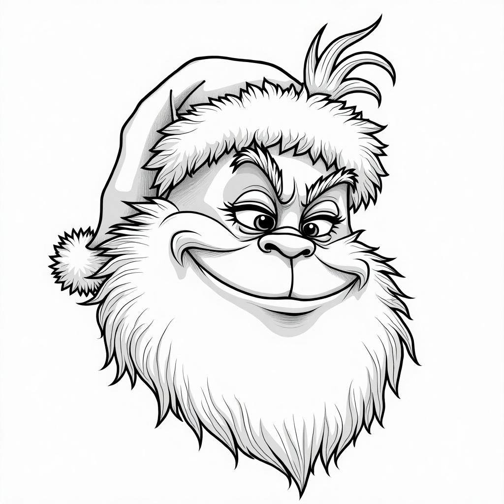 Illustration of a Santa's face styled as a Whoville character. Detailed outline work emphasized.