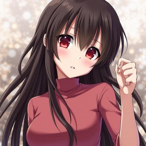 Anime character with long black hair and red eyes wearing a turtleneck shirt. Character appears shy or contemplative with a soft expression. Background has a bokeh effect with warm colors.