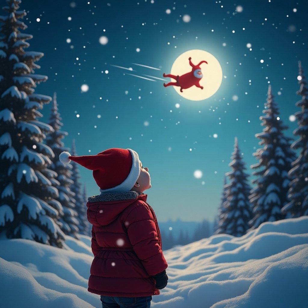 Child looking up in a snowy landscape. Santa flying across the moon in the night sky. Pine trees surrounding. Snowflakes falling softly.