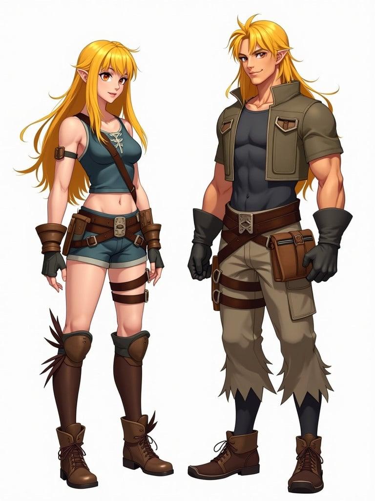 Depiction of animated male and female characters designed for a fantasy setting. Characters have long shoulder length yellow hair and orange eyes. They showcase an average build. Both are wearing fantasy adventure clothing with various accessories including belt pouches. Multiple views display physique and outfits. Characters exude strength and agility.