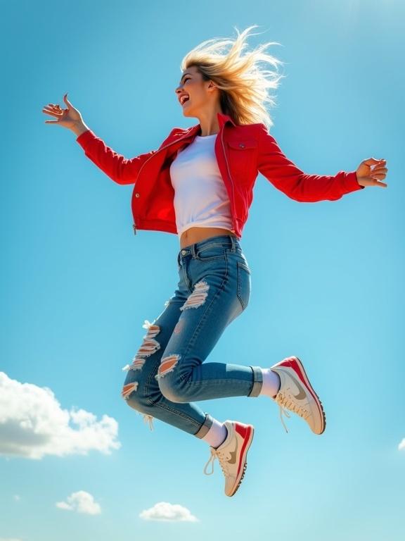 Photograph shows young woman jumping in air with blue sky. Low angle focuses on her energetic pose. She wears red jacket, t-shirt, and distressed jeans. White Nike sneakers with red accents. Dynamic movement with flying blonde hair. Bright summer vibe, shadows from sunlight. Casual, playful style with cheerfulness.