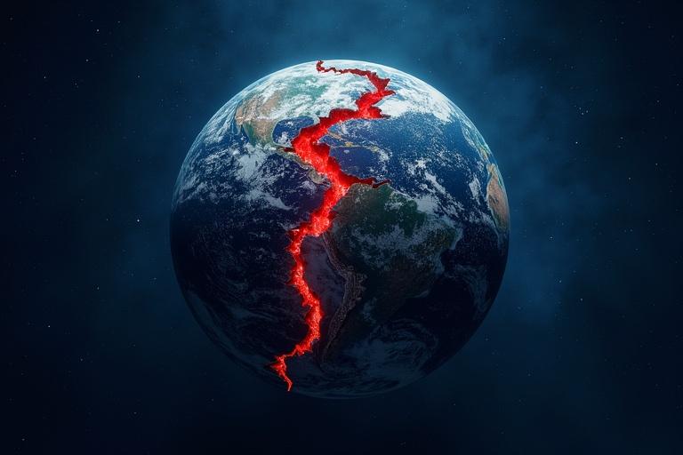 Cracked globe displayed against a dark blue starry background. Red fault lines visibly running through the globe. Dramatic design to represent geological activity.