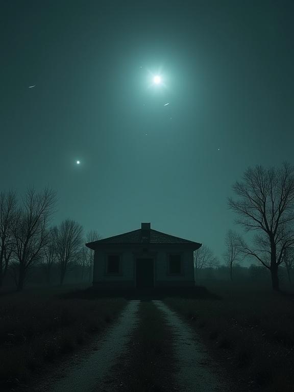 Abandoned house under eerie glowing skies. Potential UFO sightings suggested. Captivating atmospheric tone, tense calm. Spectral gray lighting dominating the scene.