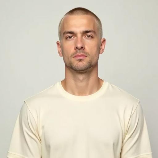 High resolution photorealistic portrait of a man wearing a plain cream-colored T-shirt. Subject is centered from head to below the chest. Full frontal view with a neutral expression. Clean-shaven face with no visible markings. Well-lit with soft, even lighting against a solid background.