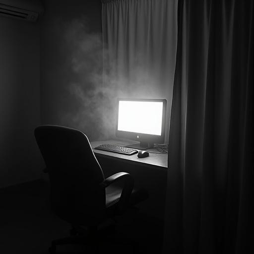 Black and white photo of a computer screen on a desk. Office chair in front. Dust particles in the air. Screen lights up the room. Ceiling spotlight on the desk. Dark surroundings. Mouse and keyboard present. Curtain hangs from ceiling. Camera peeks through a hole in the curtain. Mysterious atmosphere with glitching screen.