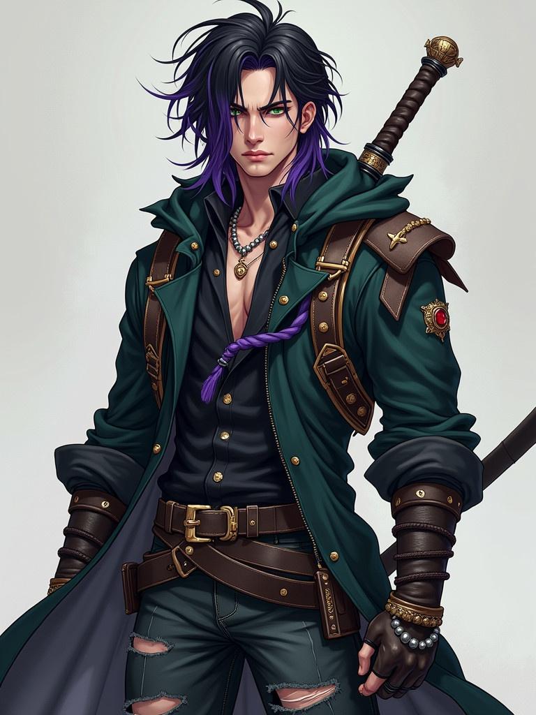 Character design inspired by Arcane. Male character with black and purple hair. Wearing a green coat with detailed attire. Has green eyes and serious expression. Holding a large sword. Features ripped jeans and various accessories.