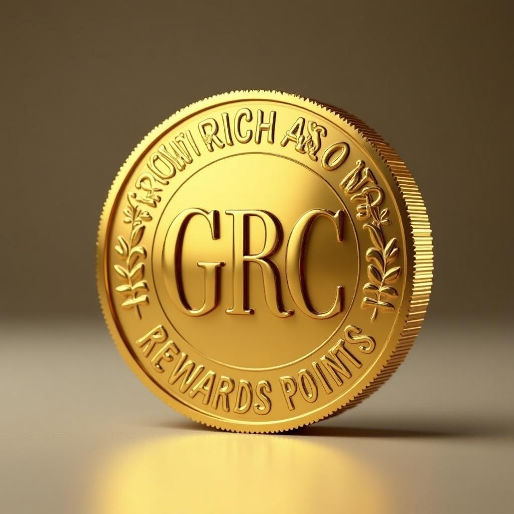 A gold coin with a large 'GRC' symbol. Inscription says 'Grow Rich Coin - Rewards Points'. Coin stands upright on a smooth surface. Soft light reflects off the surface.