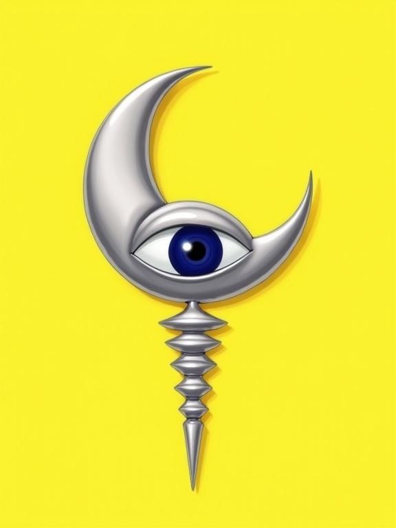 Pop art illustration of a silver brooch shaped like a crescent moon. Brooch lies on its outer curvature, points upward. Large eye in the moon's concavity. Thicker upper eyelid, thinner lower contour. Deep sapphire blue iris, black pupil. Brooch pierced at lower center of the eye. Long spire connects to bottom of the crescent. Spire made of telescopic segments, sharp point. Shiny polished silver with strong contours. Isolated on yellow background.