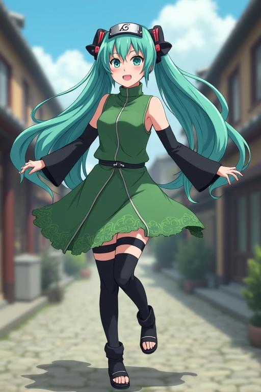 Hatsune Miku dressed in a Hidden Leaf Village ninja uniform. She wears a Hidden Leaf Village headband. She dances and sings in the streets of Hidden Leaf Village.