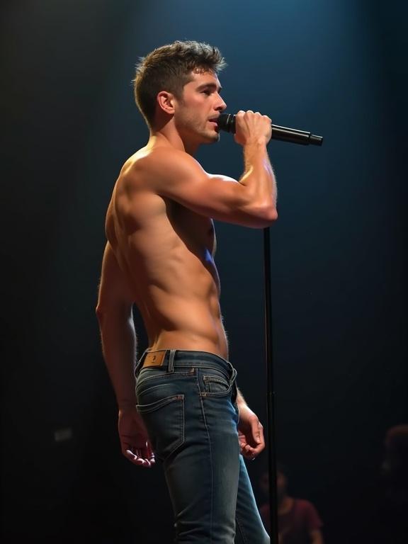 Full body image of a handsome muscular young man singing on stage without a shirt. He is holding a microphone. Strong physique and confident posture in a spotlight.