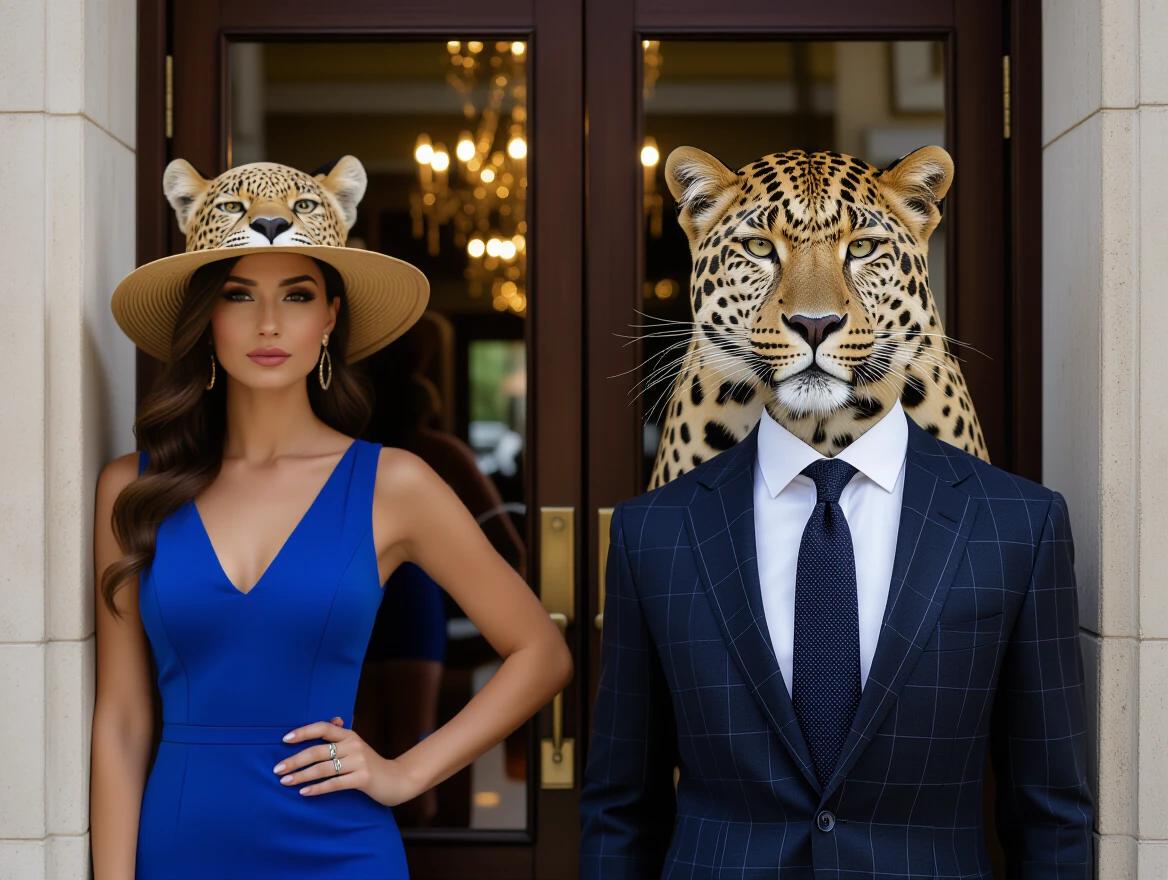 Ultra realistic photo session with soft lighting. Elegant woman wearing a short blue dress and leopard head. Man in a suit and tie also with a leopard head. Standing at a casino door.
