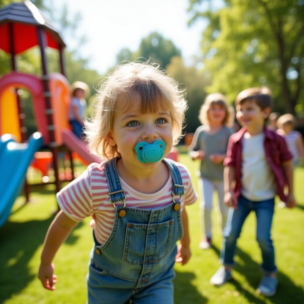 Child playing at a park with friends. Bright sunny day. Children enjoying outdoor activities. Playground in background. Joyful atmosphere.