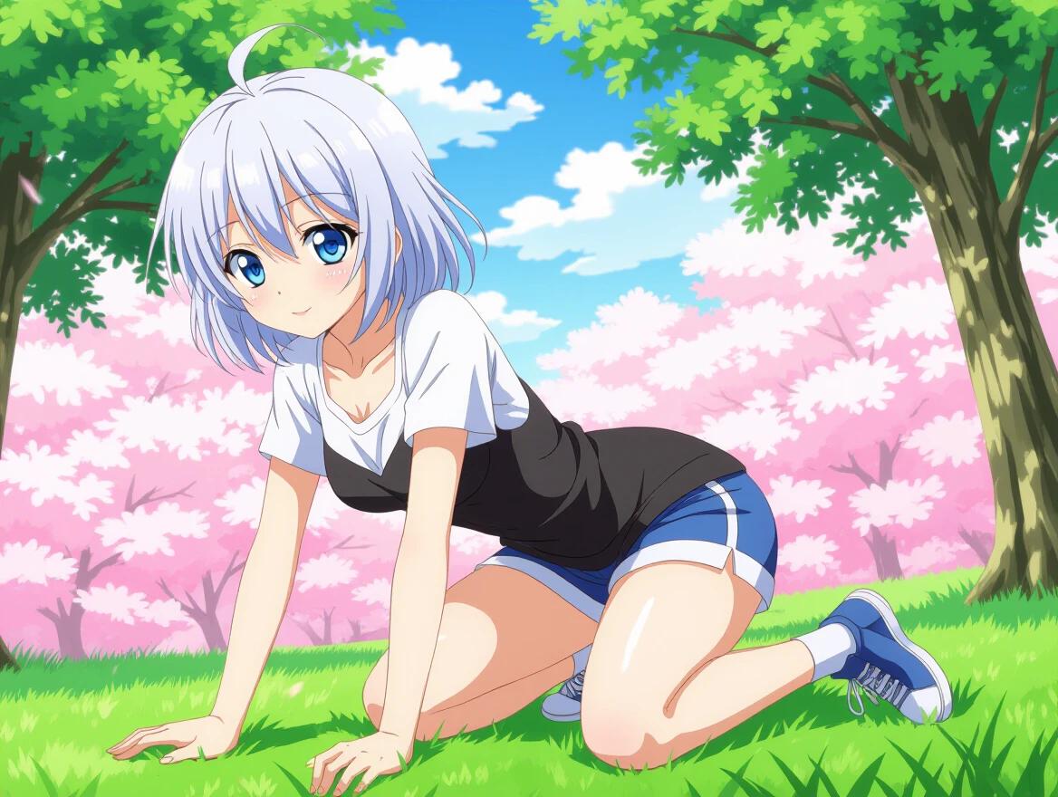 Anime girl with white short hair and blue eyes is on all fours in a playful pose. She wears a white short T-shirt and blue short shorts. Background features lush green grass and pink cherry blossom trees.
