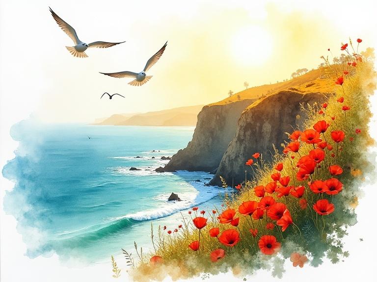 Watercolor artwork depicting a sunlit seaside cliff with scarlet poppies and seagulls. The scene embodies summer energy and the beauty of nature.