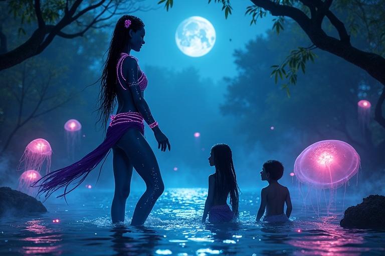 A tall Na'vi female with blue skin stands in glowing tidal waters teaching children to sing. Bioluminescent jellyfish and fish surround them. Moonlight casts an ethereal glow. Kaari's long hair flows gracefully. The scene radiates harmony and magic.