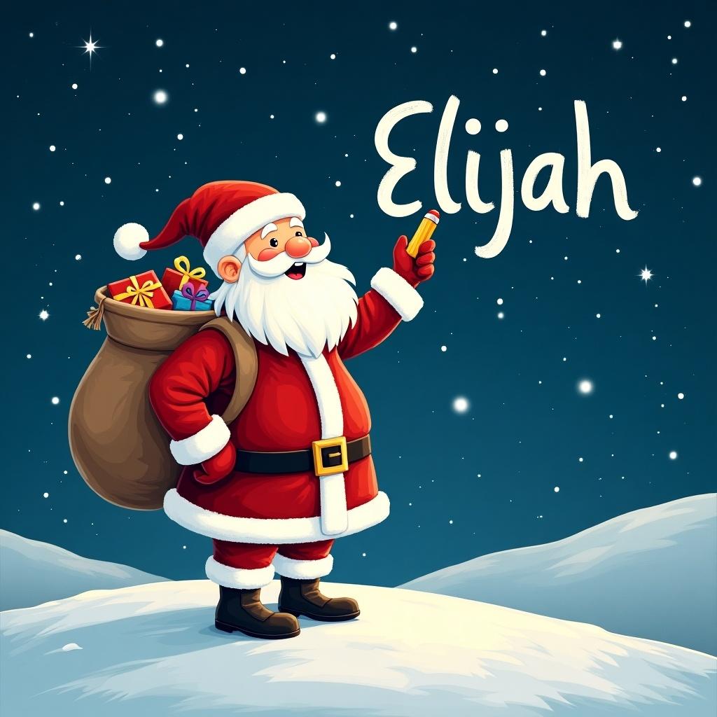 Santa Claus stands on a snowy hill under a starry night. He writes names in the sky with a pencil. He wears red and white. A large sack of gifts is on his back. The name 'Elijah' appears in a whimsical font.