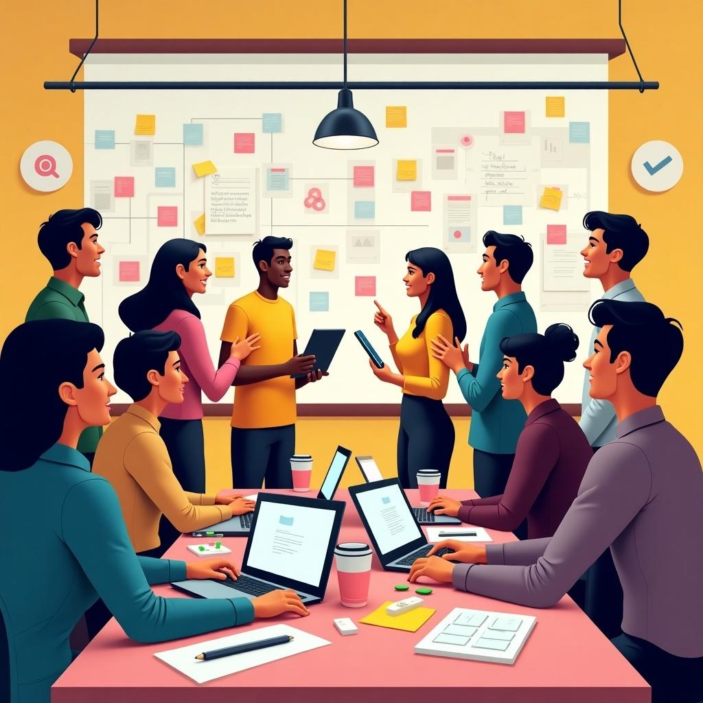 The image depicts a diverse group of professionals engaged in a lively discussion in a modern office setting. They are gathered around a table, with laptops and coffee cups in front of them, while sticky notes and documents are pinned on a board behind them. Two individuals are sharing tablets to discuss ideas and insights. The atmosphere is collaborative and creative, reflecting a productive brainstorming session. The use of bright colors adds to the vibrant and energetic environment of the workplace.