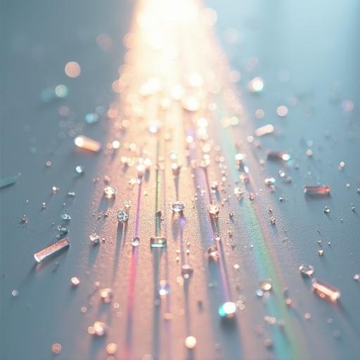 A dynamic scene features a white lighting ray passing through scattered broken tiny glass on a light surface. It splits into a colorful spectrum. Subtle light intensity bias creates a surreal ambiance. Light gray background emphasizes the prismatic burst with reflections.